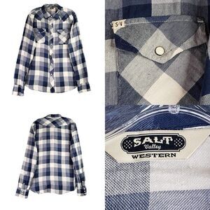 Salt Valley Western Shirt Men’s Button Down Blue Plaid Size Large Long Sleeve